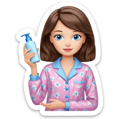 Barbie girl with makeup, blue eyes , and bob long haircut wavy, short brown hair in creamy color pajamas, face cream in hand sticker
