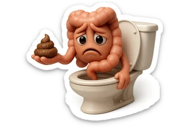 emoji stile iphone di un intestino realistico 3d che esce dal wc con in mano una montagnetta di feci con espressione triste a palline, iperrealistico 4k sticker