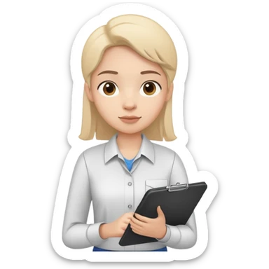 intern or volunteer holding a clipboard and pencil, ready to take notes or assist. The character wears a simple shirt and has an eager posture sticker