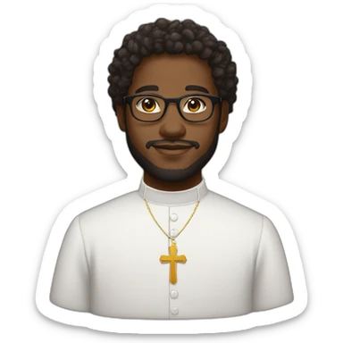 young black catholic priest beard, curly hair, with rounded glasses and clerygman sticker