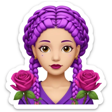 CrownedOlive skin queen with purple braids, brown eyes surrounded by roses sticker