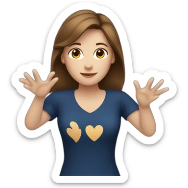 A white woman with brown hair, dark blue blouses and making a heart symbol with her hands sticker