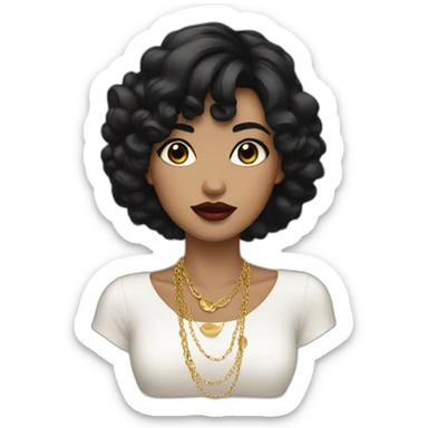 girl with black hair, dark eyes, gold earrings and necklace and bold lips sticker