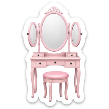 White Makeup vanity with light pink makeup, with a stool sticker