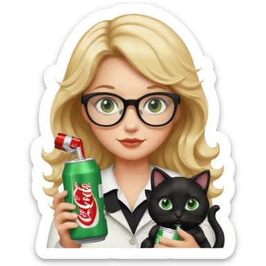 Blonde girl with wavy hair and glasses holding a black cat that has green eyes in one hand and a Diet Coke can in the other hand  sticker