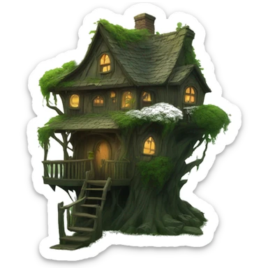 Fantasy haunted tree house in an overgrown cottage  sticker