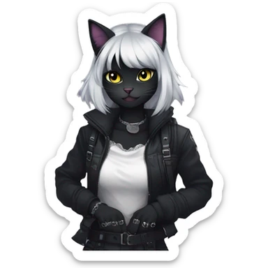 Gorgeous gothic dark techwear anime style anthro black cat furry with blushing face aesthetic and pretty edgy black with collar and harness trending style sticker