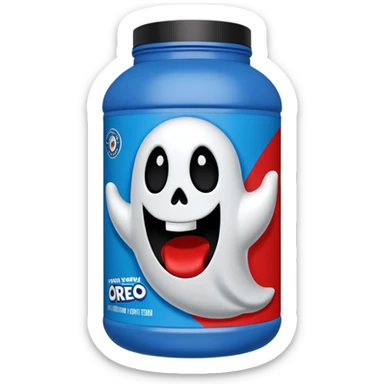 “Front-facing Ghost whey protein powder bottle, tall white plastic tub with wide shoulders and bold red lid. Blue and black Oreo-inspired label with the white GHOST logo and small ghost mascot. Clean studio lighting, soft shadow, realistic emoji-style product, centered on white background.” sticker
