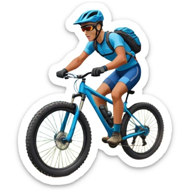 An icon featuring a mountain bike with thick tires on a rugged trail. The background showcases a breathtaking mountain landscape with green slopes, rocky peaks, and a bright blue sky. A cyclist in a helmet rides downhill, kicking up dust.  Transparent background emphasizes adventure and speed sticker