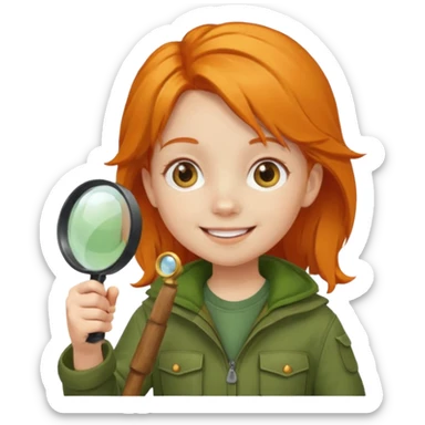 braid orange haired girl kid in moss green explorer outfit, holding magnifying glass, smile sticker