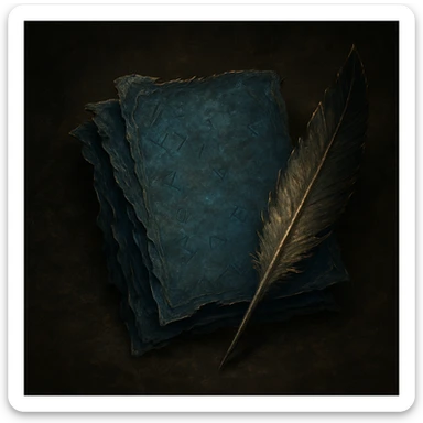 Windows 11 Notepad icon reimagined in the style of Elden Ring notes, blue parchment, tattered and layered, with a feather quill and subtle runic markings, no text, just the notepad look, option 5 sticker