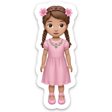 Boneca muito baixa e pequena de cabelo castanho com 2 tranças e uma flor rosa do lado esquerdo usado um vestido rosa claro e sapatinhos rosa sticker