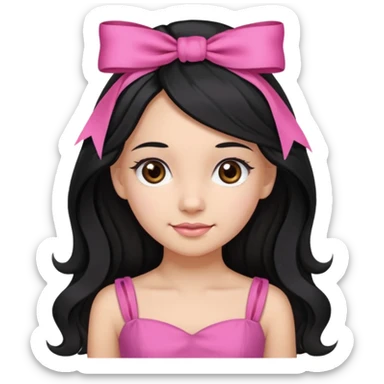 Beautiful girl with long black hair in a half-up half-down hairstyle with pink ribbon tying the top half, waves at the ends, brown eyes, light skin, slight smile, and pink dress sticker