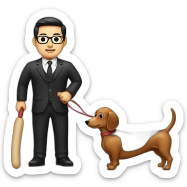 An asian man tailor with slick back hair wearing black framed glassed holding a sausage dog sticker