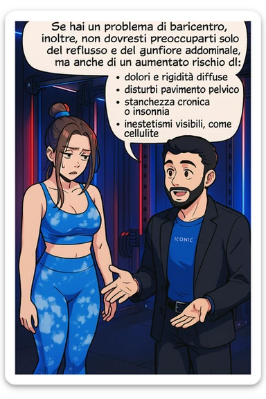 TRASFORMA QUESTO CAROSELLO IN UN FUMETTO STILE WEBTOON/MANGA A COLORI CON QUESTE DUE PERSONE IDENTICHE CHE INTERLOQUISCONO TRA LORO, L'uomo sta spiegando alla donna questo concetto:

Se hai un problema di baricentro, inoltre, non dovresti preoccuparti solo del reflusso e del gonfiore addominale, ma anche di un aumentato rischio di:
    • dolori e rigidità diffuse
    • disturbi pavimento pelvico
    • stanchezza cronica o insonnia
    • inestetismi visibili, come celluluite
    • etc… sticker