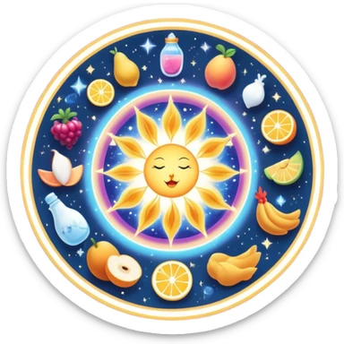 Magical daily fitness nutrition schedule with ethereal water bottle, celestial sun, enchanted chicken and rice plate, mystical gym equipment, glowing yogurt, sparkling fruits, and dreamy sleep symbol, all arranged in a cosmic circle with starry aura sticker