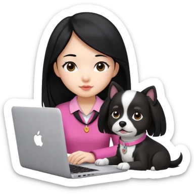 Blue back ground, Asian girl with long black hair working on an Apple laptop, next to her is a small black and white dog with pink collar on  sticker