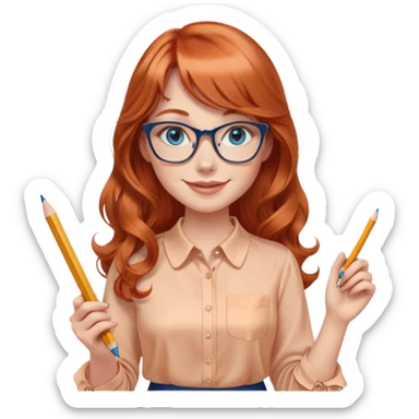 redheaded woman with very long wavy hair and bangs, blue eyes, clear cat-eye glasses, apricot silk blouse, pencil skirt, holding a pencil, smiling sticker