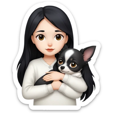 Fair skin girl - long black hair - white clothes - hugging a black chihuahua sticker