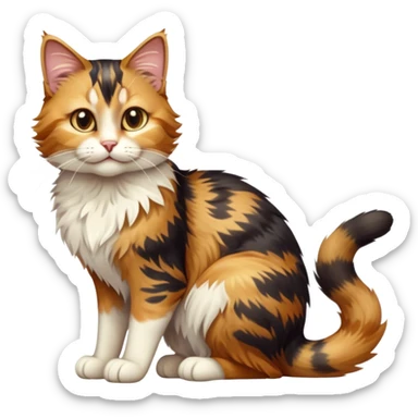 cinematic-[calico tabby cat]-realistic-full-body-sitting-emoji,-tail-curled-playfully-around-its-paws,-head-tilted-dramatically,-scruffy-[calico]-fur,-simplified-yet-realistic-focused-features,-highly-detailed,-glowing-with-an-almost-sarcastic-glow sticker