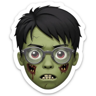 Boy, zombie, black hair, medium long, emo, shaggy, dark, spooky, creepy expression emoji, add dolce gabanna glasses, a risk on the eyebrow, some tattos  sticker
