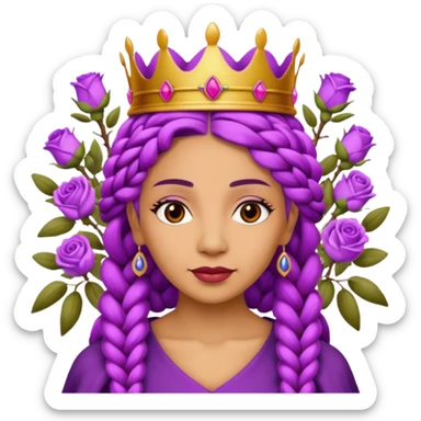 Crown Olive skin older queen with purple braids, brown eyes surrounded by roses sticker