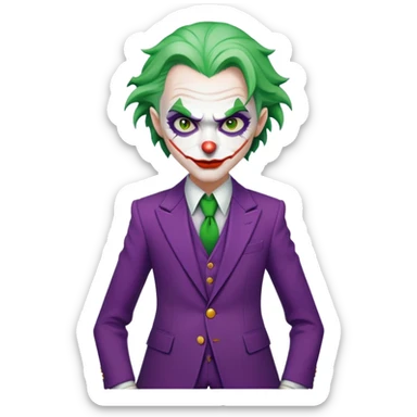 The Joker villain character full body with green hair, purple suit, white face, red lips sticker