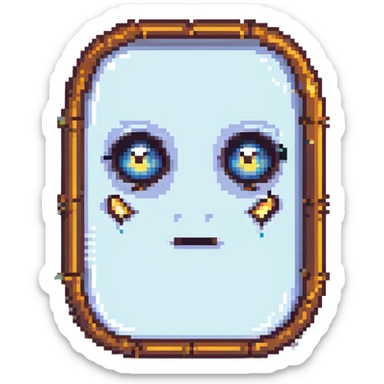 anthropomorphic mirror with piercing eyes, bursts of truth, pixel art style, mysterious and energetic atmosphere sticker