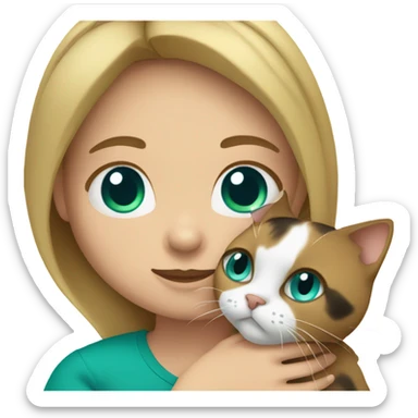 White dark blonde girl with teal eyes snuggling a small calico cat sticker