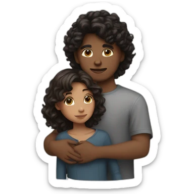 Girl with black wolfcut and boy with brunette wavy hair hugging sticker