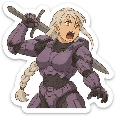 female, wearing reach spartan armor default, long white braid hair, gold yellow eyes, attention pose, HALO:series, no helmet, the armor is lavender color scheme, shoulder pad off. DDD bust size fitting. Punk gothic cyberpunk, brandishing a sword, preparing to swing and yelling sticker