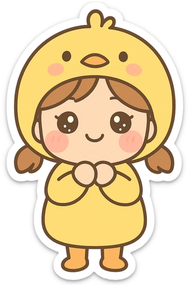 girl dressed as a chick, yellow chick hat, blushing cheeks, kawaii style sticker