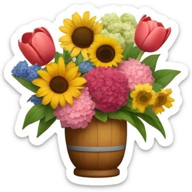 A flower arrangement of tulips, sunflower, peony, hydrangeas, margarita sticker