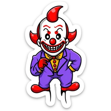 demonic clown wearing a leisure suit, bald with different horn styles sticker