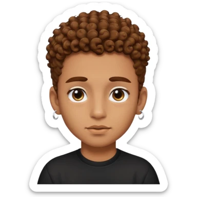 caramel skin boy with color bear brown curly hair with fade on the sides and thick eyebrows with a black shirt and small stud earrings with black colored eyes and a cheek mole sticker