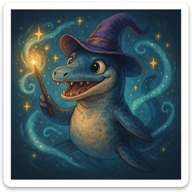 liopleurodon with a wizard hat and wand, magical aura, playful sticker
