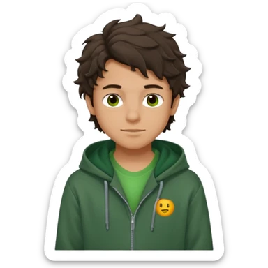 a 14 year old slightly tanned teenage boy with dark brown tousled wavy hair, dark brown eyes wearing a green tshirt, with a dark green hoodie overcoat. smirking sticker