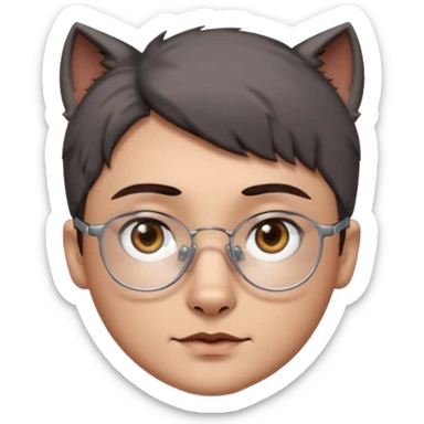 personagem com Wolf cut curto, cabelo castanho escuro, olho castanho escuro, sombrancelha castanho escuro, óculos sem aro prata. sticker