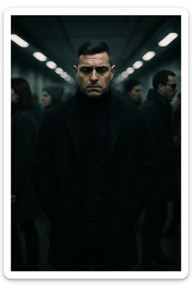 A cinematic shot of a man in his early 30s standing still in the middle of a crowded urban environment — perhaps a subway platform or office hallway — surrounded by blurred, cold-looking people facing away from him or speaking among themselves, ignoring him completely. The man has a heavy, emotionally drained expression, shoulders slightly slouched, hands in his coat pockets. He stands out in sharp focus while the others are dimly lit, grey-toned, and in motion blur. The lighting is harsh and cool, with strong shadows and low saturation to emphasize emotional isolation. A subtle dark aura or mist lingers around the man’s body, visually conveying the weight of negativity and emotional pressure. Shot in 35mm cinematic style, high realism, with a desaturated color palette and shallow depth of field sticker