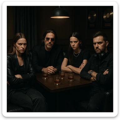 Grupo de personas que trabajan en la industria musical con aires de superioridad, conversando en grupo en una mesa privada, viendo de forma despectiva a la cámara, cerrando el espacio a la persona que está llegando y haciéndole saber con sus miradas y expresiones que nadie más es bienvenido aquí. sticker