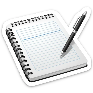 Front-facing notebook icon with a pen on the right side, minimal line-art, clean modern style, perfectly straight angle (no tilt), simple outlines, slightly 3D, no background, transparent, “documenting / journaling / tracking progress sticker