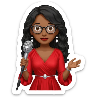 singer, Middle age, long wavy black hair, brown skin, wearing dress, holding mic, glasses sticker