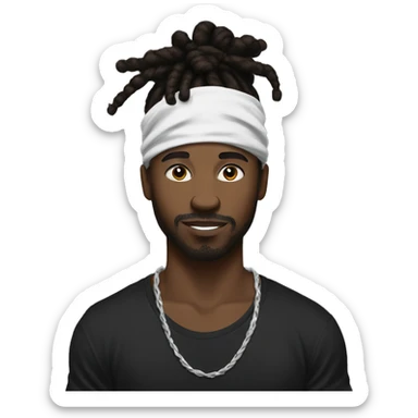 Black man with a dreadlock bun with a under cut with a white and black bandana on his head with black t shirt with no beard sticker