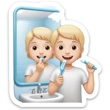 child brushing teeth in front of a bathroom mirror, cheerful expression sticker