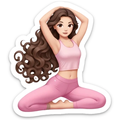 beautiful brunette with a light balayage white girl with nice defined and long curls , very long hair, clean girl makeup STRETCHING HER BODY IN LIGHT PINK GYM sticker