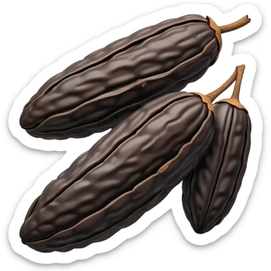 single or small cluster of Tonka beans with wrinkled, elongated almond-like shapes, deep brown to black color, textured slightly glossy surface with visible ridges and curved natural form, soft lighting, subtle shadows, emoji scale sticker
