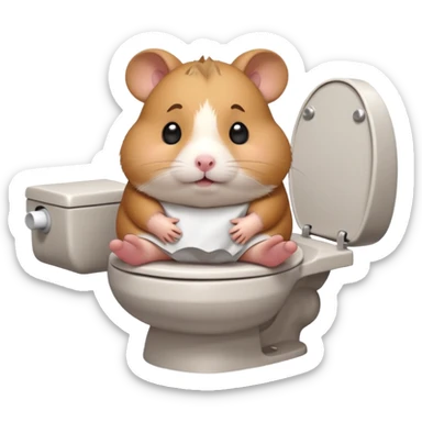 Cute chubby cartoon-style hamster sitting on toilet looking as if he had an accident, sticker-style illustration sticker