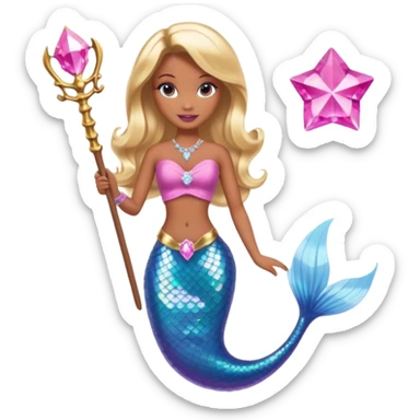 Brown skin blonde hair barbie mermaid with pink diamond tail and wand  sticker