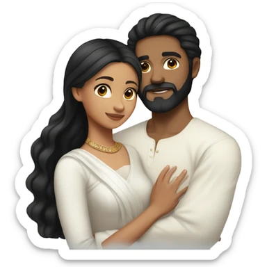 Light skin;Black long hair girl  in a white saree hugging with a man with black beard and short hair on top sticker