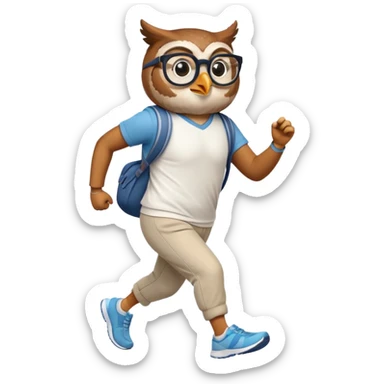 friendly anthropomorphised owl in pants and a shirt, wearing glasses, jogging upright, standard pose sticker
